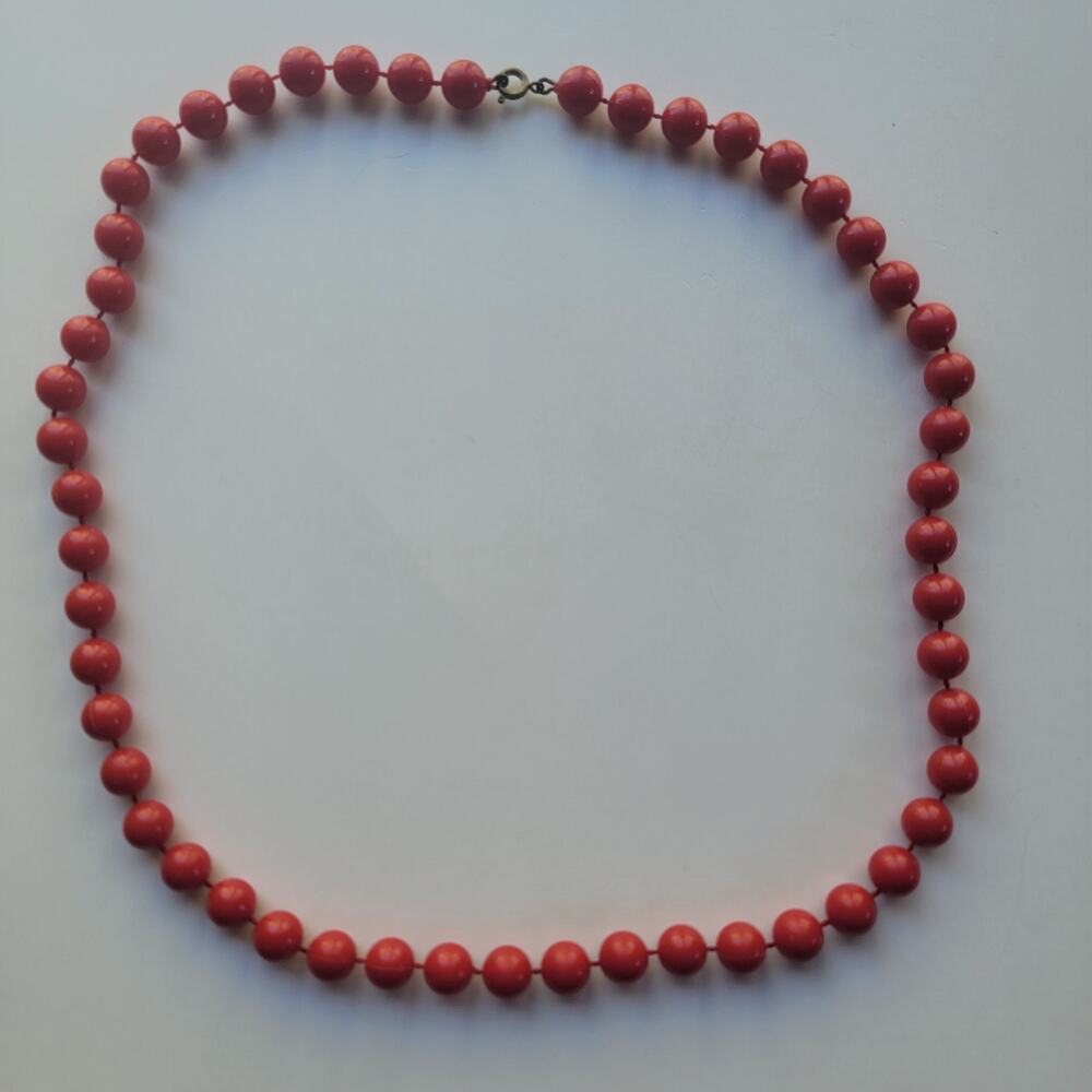 Vintage Red Bead Necklace Glossy Round Coral Look Beads With Brass Spring Clasp